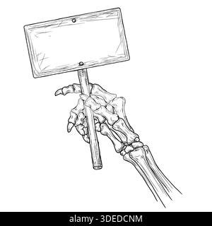 Eine Skeletthand mit Holzschild, Skizze. Vektorabbildung. Skeletthand mit knöchernen Fingern, isoliert auf weißem Hintergrund. Geeignet für Etiketten Stock Vektor