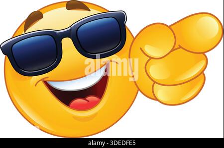 Glückliches Emoji Emoticon mit Sonnenbrille und direktem Zeigen auf den Zuschauer Stock Vektor