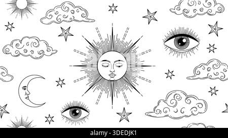 Ein esoterisches nahtloses Muster mit mystischer Sonne mit Gesicht, Halbmond, Auge der Vorsehung, Sternen und Wolken in schwarz-weiß handgezeichnet. Stock Vektor