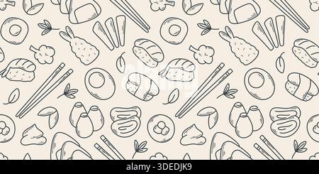 Nahtloses Muster mit Sushi, Sashimi, Tempura und Maki. Hintergrund mit handgezeichneten Elementen der japanischen Küche. Asiatisches Street Food, Café und Restaurant Stock Vektor