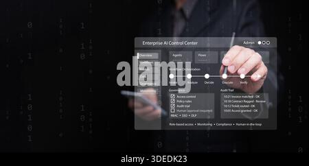 Geschäftsmann mit Smartphone verwendet die KI-Control Center-Schnittstelle für Unternehmen. Cybersicherheit, Agentic Enterprise, Workflow-Automatisierung, Data Governance und Stockfoto