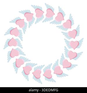 Kreisförmige Valentinsfigur mit rosa geflügelten Herzen, die einen Kranz auf Pastellblau bilden. Verspieltes romantisches Design für Karten, Dekor, Einladungen und fes Stockfoto