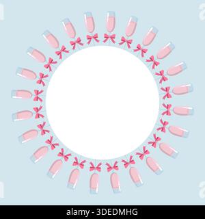 Kreisförmige Valentinstag-Illustration mit rosafarbenem Glas mit einem Getränk und Bögen, die einen Kranz auf Pastellblau bilden. Dekoratives romantisches Design für Karten, Dekor, Zoll Stockfoto