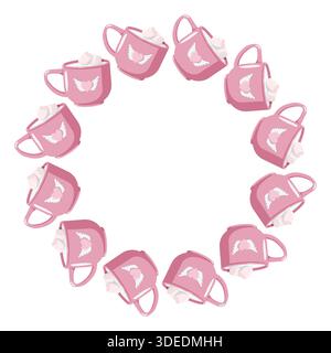 Kreisförmige Illustration zum Valentinstag mit rosafarbenen Tassen von Marshmallows und geflügelten Herzen, die einen Kranz auf Pastellblau bilden. Süßes romantisches Design für Karten, dez Stockfoto