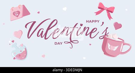 Valentinstag Illustration mit Happy Valentine's Day Text, FEB 14 Kalender, Becher Marshmallows, Schleife und Liebestrank in Pastellstil. Süßes romantisches Desi Stockfoto