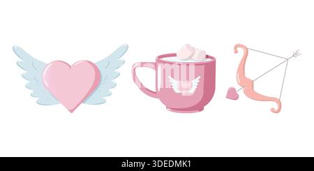 Valentinstag Illustration mit geflügeltem Herz, rosa Becher mit Marshmallows und Cupid Pfeil in Pastellstil. Süßes romantisches Design für Karten, Dekor und Einladung Stockfoto