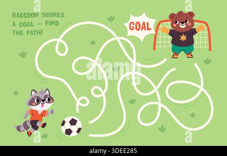 Fußball-Labyrinth-Spiel. Lehrreiches Labyrinth für Kinder, Tierfiguren, Fußballspiele, lustiger Torhüter Bär und Waschbär mit Ball, Seitenvorlage Cartoon Stock Vektor