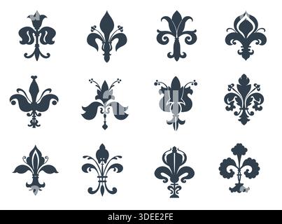 Fleurs de LIS-Symbole. Heraldisches Symbol schwarze Silhouetten, heraldisches königliches Zeichen, französisches Mittelalter, stilisierte Lilienblüten klassisches Ornament, Tattoo Stock Vektor