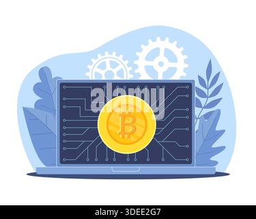 Digitale Währung. Goldmünze mit virtuellem Währungssymbol auf dem Laptop-Bildschirm, dezentralisiertes Finanzwesen, Blockchain-Betrieb, Cartoon für sichere Transaktionen Stock Vektor