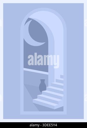 Minimalistisches architektonisches Interieur mit Treppe und Bogenfenster mit Blick auf den Mond. Eine Idee für ein Poster, einen Druck, ein Innendesign-Gemälde Stock Vektor