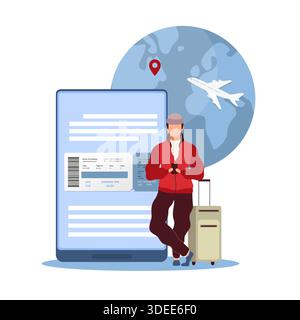 Tickets online kaufen. Glücklicher Reisender mit Gepäck ist bereit für den Abflug, Bordkarte auf dem Smartphone-Bildschirm, mobile Flugbuchung oder Check-in Stock Vektor