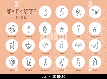 Minimales One-Line Beauty Icons Collection Set für Make-up, Hautpflege und Haarpflege Stock Vektor