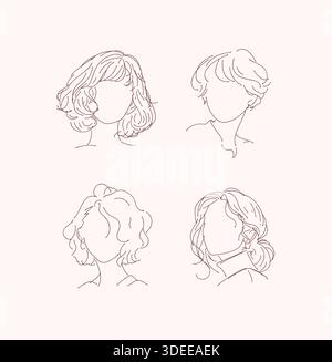Weibliche Silhouette mit kurzer Haarsammlung Zeichnung im linearen Kunststil auf hellbraunem Hintergrund. Stock Vektor