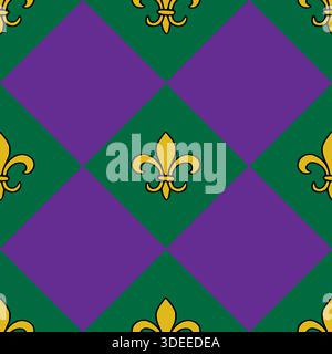 Nahtloses Vektormuster mit goldenen Fleur-de-Lis-Motiven auf einem sich wiederholenden Diamanthintergrund aus Grün und Lila. Stock Vektor
