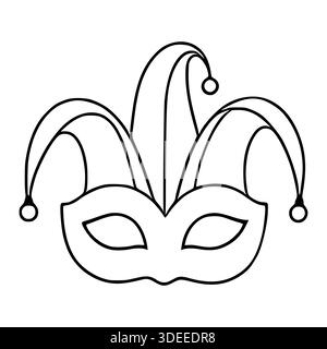 Minimalistische Schwarz-weiß-Vektor-Illustration einer Narrenmaske mit einem traditionellen Dreispitzenhut, perfekt für festliche oder maskierende Themen. Stock Vektor