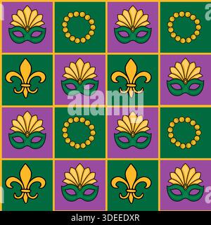 Nahtloses Vektormuster mit Mardi Gras-Masken, Fleur-de-Lis-Symbolen und goldenen Perlen-Halsketten auf einem Gitter aus violetten und grünen Quadraten mit Gelb Stock Vektor