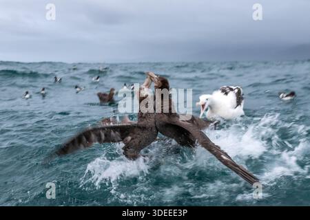Südlicher Riesensturmvogel Macronectes giganteus, zwei Erwachsene kämpfen im Wasser, Kaikoura, Neuseeland, Februar 2020 Stockfoto