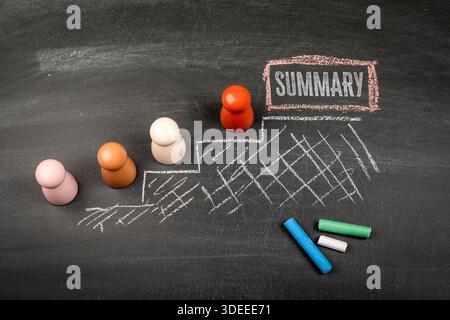 Das Konzept Der Zusammenfassung Wird Auf Dem Schwarzen Brett Angezeigt, Wobei Holzfiguren In Richtung Der Beschrifteten Zusammenfassung Weitergehen Stockfoto