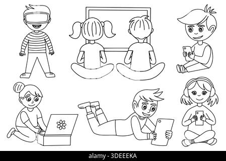 Kinder, die Gadgets-Set verwenden Stock Vektor