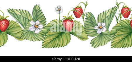 Nahtloser Erdbeerrand. Ein horizontales Muster aus Reifen roten Erdbeeren, grünen Blättern und weißen Blüten. Eine nahtlose Illustration von Rot Stockfoto