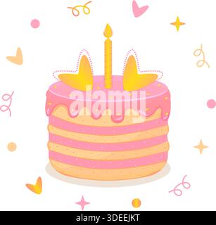 Festlicher Kuchen mit Herzen, Kerze und Konfetti. Rosa und gelb gebackenes Dessert mit Sahne. Niedliche bunte Vektor-Illustration für Valentinstag Stock Vektor