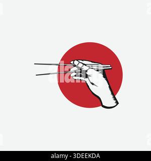 Hand mit Essstäbchen vor einem roten japanischen Kreis, asiatische Essensillustration. Stock Vektor