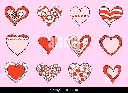Niedliche Hand gezeichnete Vektorherzen in rosa und roten Farben mit schwarzen Umrissen und verschiedenen Mustern für Valentinstag Designs Stock Vektor