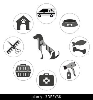 Illustration von Veterinärsymbolen für den Service und die Pflege von Haustieren in kreisförmiger Form auf weißem Hintergrund. Stock Vektor