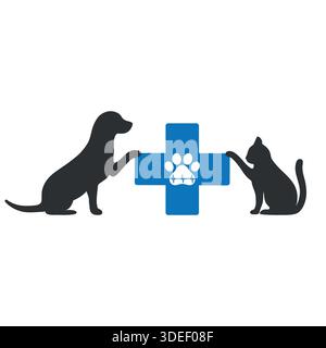 Silhouette tierärztliches Symbol von Hund und Katze auf dem Hintergrund eines medizinischen Kreuzes mit Pfote Stock Vektor