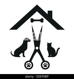 Tierpflegesalon. Illustration Hund und Katze mit Schere auf weißem Hintergrund Stock Vektor