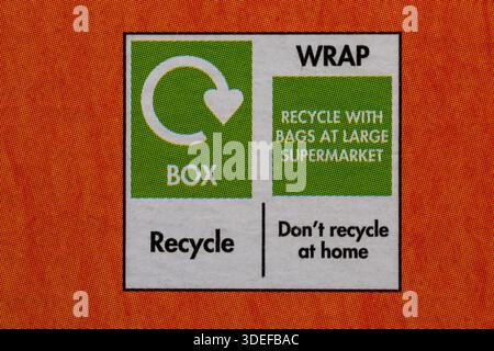 Recycling-Informationen auf Lebensmittelverpackungen – Entsorgungsanweisungen Recycling-Logo-Symbol für weit recycelte Box Folieneinsatz Stockfoto