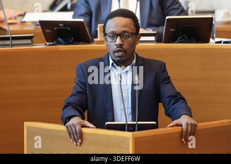 Namur, Belgien. Januar 2026. PTB Germain Mugemangango, Bild auf einer Plenartagung des wallonischen Parlaments am Mittwoch, den 7. Januar 2026 in Namur. BELGA FOTO BRUNO FAHY Credit: Belga News Agency/Alamy Live News Stockfoto