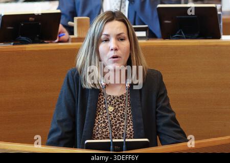 Namur, Belgien. Januar 2026. PS Anne Lambelin, Bild auf einer Plenartagung des wallonischen Parlaments am Mittwoch, den 7. Januar 2026 in Namur. BELGA FOTO BRUNO FAHY Credit: Belga News Agency/Alamy Live News Stockfoto