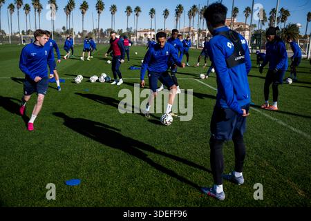 Oliva, Spanien. Januar 2026. Gents Spieler wurden während des Wintertrainings der belgischen Fußballmannschaft KAA Gent in Oliva, Spanien, am Mittwoch, den 7. Januar 2026, in Aktion dargestellt. BELGA FOTO JASPER JACOBS Credit: Belga News Agency/Alamy Live News Stockfoto