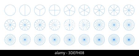 Tortendiagramm-Vorlage. Diagramm Radteile von 1 bis 27. Segmentierte Diagramme. Viele Sektoren teilen den Kreis auf gleiche Teile. Blaue Grafiken umreißen Stock Vektor
