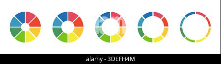 Donut-Diagramme, Torten segmentiert auf 8 gleiche Teile. Diagramme Infografik mehrfarbig. Räder in acht Abschnitte unterteilt. Diagrammsatz für Kreisschnitte. Torte Stock Vektor