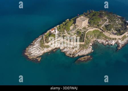 Blick aus der Vogelperspektive auf die Festung von Pigeon Island, ein Leuchtturm der Geschichte inmitten der türkisfarbenen Umgebung der Ägäis, Kusadasi, Aydin, Turkiye. Stockfoto