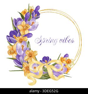 Ein zarter Frühlingskranz mit violetten Krokussen, gelben Narzissen, grünen Blättern und einer Schleife. Perfekt für Karten, Einladungen, Poster und Branding. Stockfoto