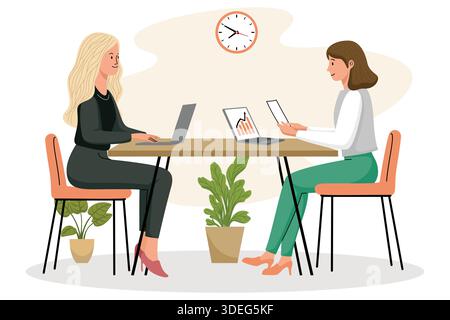 Illustration zweier Frauen, die in einem Büro mit Laptops arbeiten Stock Vektor