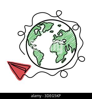 Handgezeichnete Illustration eines Globus mit einem Papierflugzeug Stock Vektor