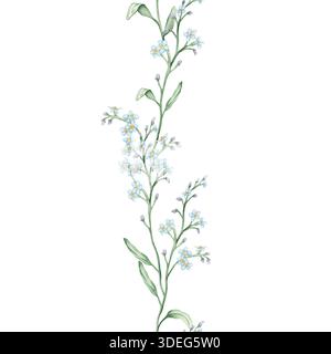 Nahtloser vertikaler Rand oder Banner mit hellblauen Wildblumen. Handgezeichnete Aquarellillustration auf isoliertem Hintergrund. Sommerblumenmuster für Stockfoto