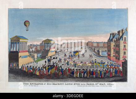 Ein Druckstich des Eingangs seiner Majestät Ludwig XVIII. Nach Paris am 3. Mai 1820 von Richard Holmes Laurie aus der historischen Perspektive Aquarellkunst Kunstwerk Antikdruck französischer König Stockfoto