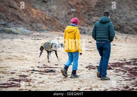 Junges Paar, das einen Hund entlang des Sandstrandes in Winterkleidung an kalten Tagen trägt. Stockfoto