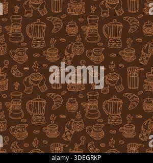 Hygge Kaffeezubereitungsgeräte kritzeln Ikonen nahtlos. Kunsttapete für heiße Getränke Stock Vektor