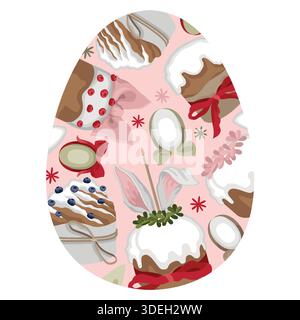 Handgezeichnete Frühjahrs-Grußkarte in Form von Ostereiern mit Osterkuchen und gefärbten Eiern, Bögen, Kerzen- und Hasenohren-Dekoration Stock Vektor