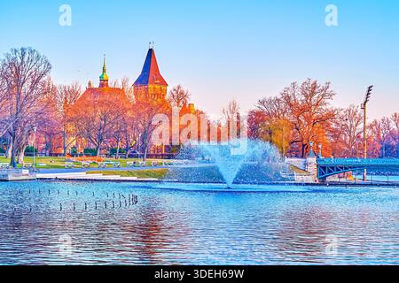 Der Brunnen im See im Stadtpark mit Schloss Vajdahunyad im Hintergrund in der Dämmerung, Budapest, Ungarn Stockfoto
