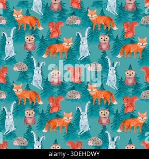 Aquarellmuster mit niedlichen Tieren im Wald Stockfoto