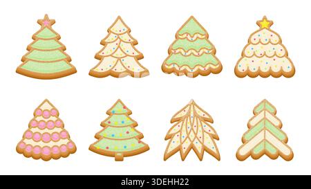 Weihnachtsbaum-Lebkuchen-Kekse mit bunten Glasur, Streuseln und Zuckerglasur. Weihnachtsbäckerei Illustrationen für Weihnachtskarten, Verpackungsdekorationen. Vektorabbildung Stock Vektor