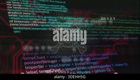 Anzeige der Schädel-Overlay zentriert auf dem Bildschirm zeigt Codelinien binär 01111 rote Schaltkreise Bewegungsunschärfe Stockfoto