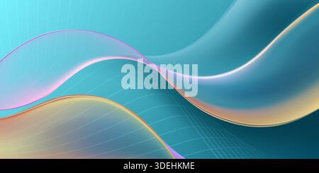 Glatte, fließende Kurven mit schillerndem Glanz auf türkisfarbenem Hintergrund, Farbverläufe verschmelzen in Wellenmuster. Stock Vektor
